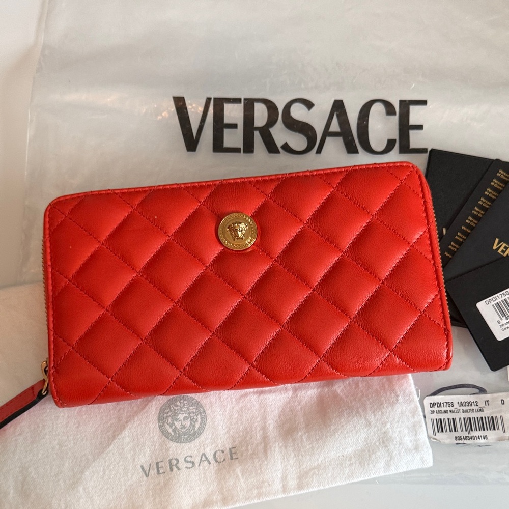 Versace Coral Orange Quilted Lamb Leather Zip Around Wallet, Dustbag & Cards NWT